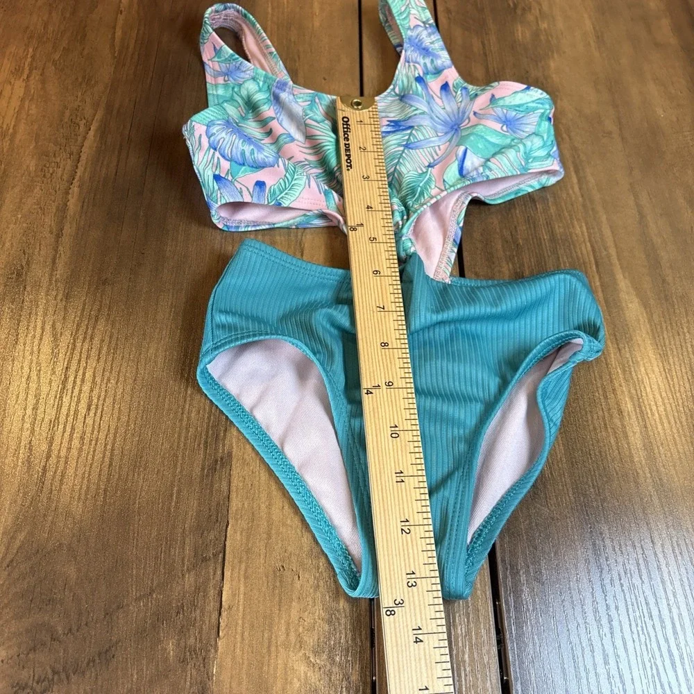 Art Class Kids XS (4/5) Teal Swimsuit Tropical Floral Ribbed Cutout One Piece